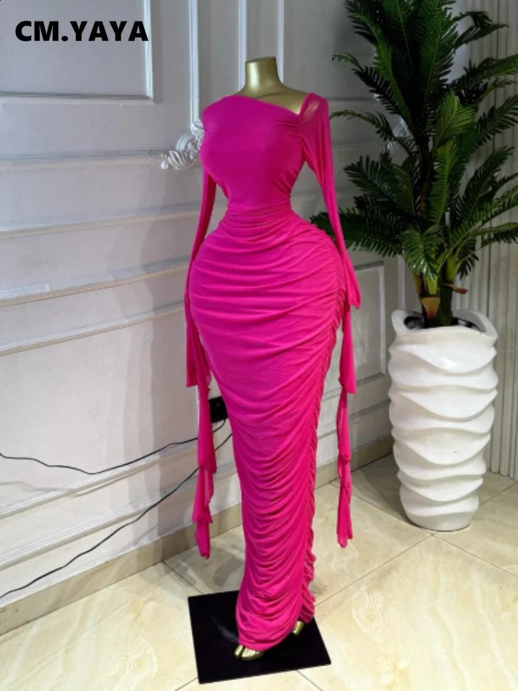 CM.YAYA Women Ruffles Long Sleeve Ruched Stacked Bodycon Maxi Long Dress Vacation Trendy Party Birthday Long Dresses Vestidos 261015