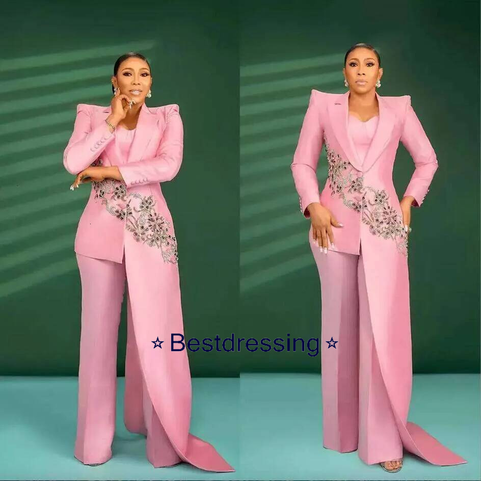 Luxury Baby Pink Women's For Wedding 2 Piece Sets Beading Appliques Crystals Business Slim Fit Women Mother Banquet Party Suits Customized Bd01