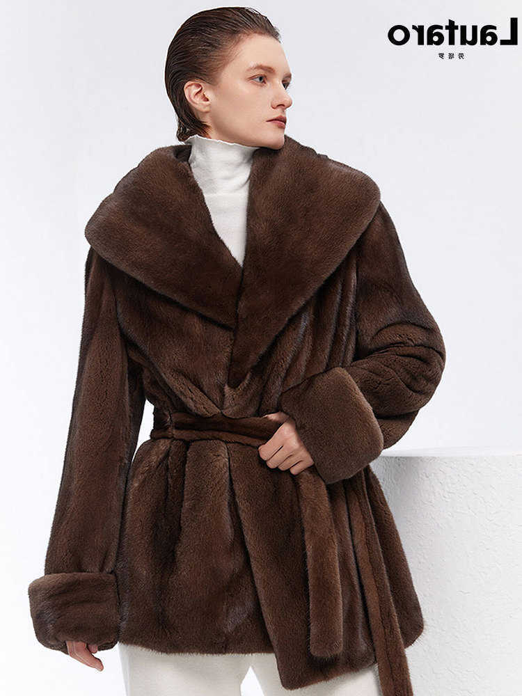 Autumn Lautaro Winter Brown Thick Warm Soft Mink Fur Coat Women Shawl Collar Sashes Elegant Chic Fluffy Overcoat S261016NUDM