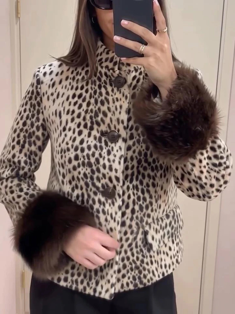 Womens Jacket Faux Fur Leopard Print Coat Stand Collar Blazer Button Front Casual Blouse Retro Animal Print Top Woman Clothes 261019