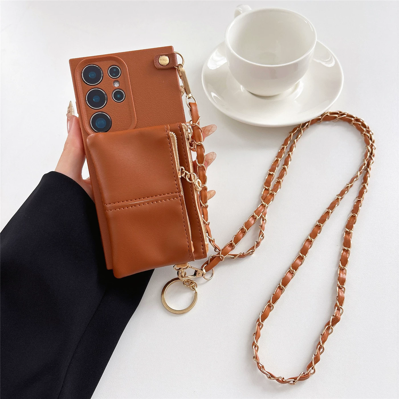 PU Leather Wallet Phone Case with Crossbody Chain Strap, Zipper Card Holder Purse Protective Cover for Samsung Galaxy Series