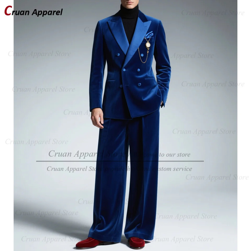 2026 Fashion Suit Set For Men Birthday Party Classic Royal Blue Velvet Outfits Evening Dinner High Quality Blazer Pants 2Pcs 261019