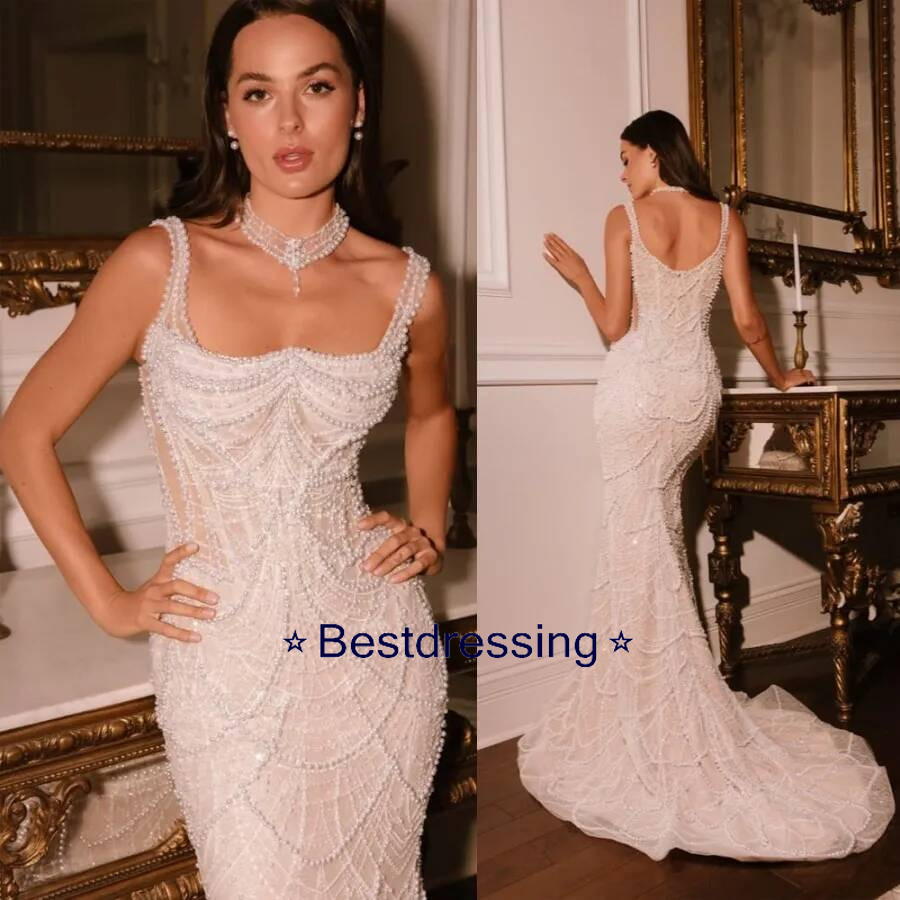 Elegant Mermaid Wedding Dresses Spaghetti Strap Beading Customized Bridal Gowns Chapel Backless Formal Bride Dress Bd017