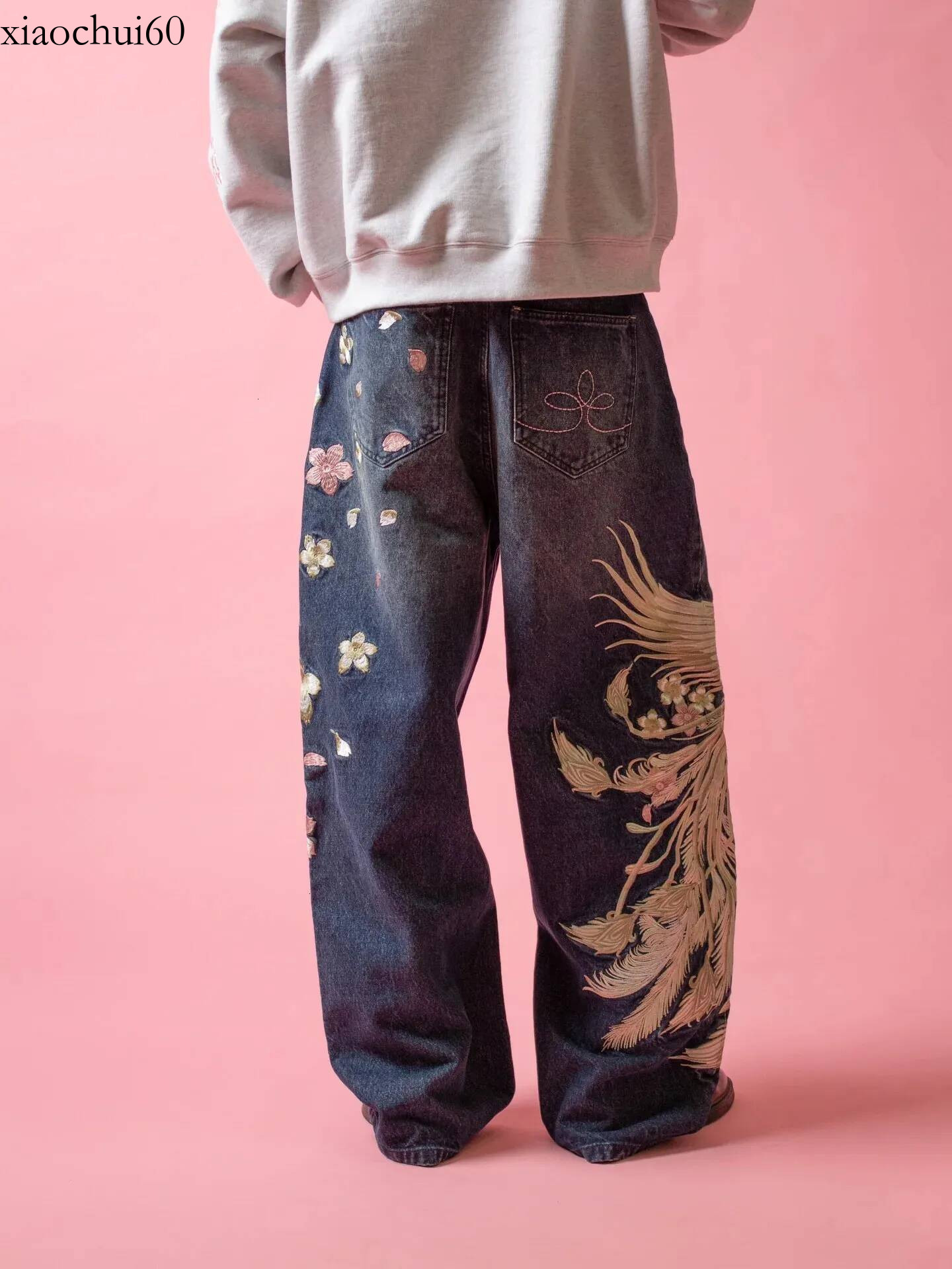 Y2K Men Clothing Harajuku Fashion Hip Hop Retro Loose Wide Leg Jeans Phoenix Cherry Blossom Embroidery Dark Wash 260611