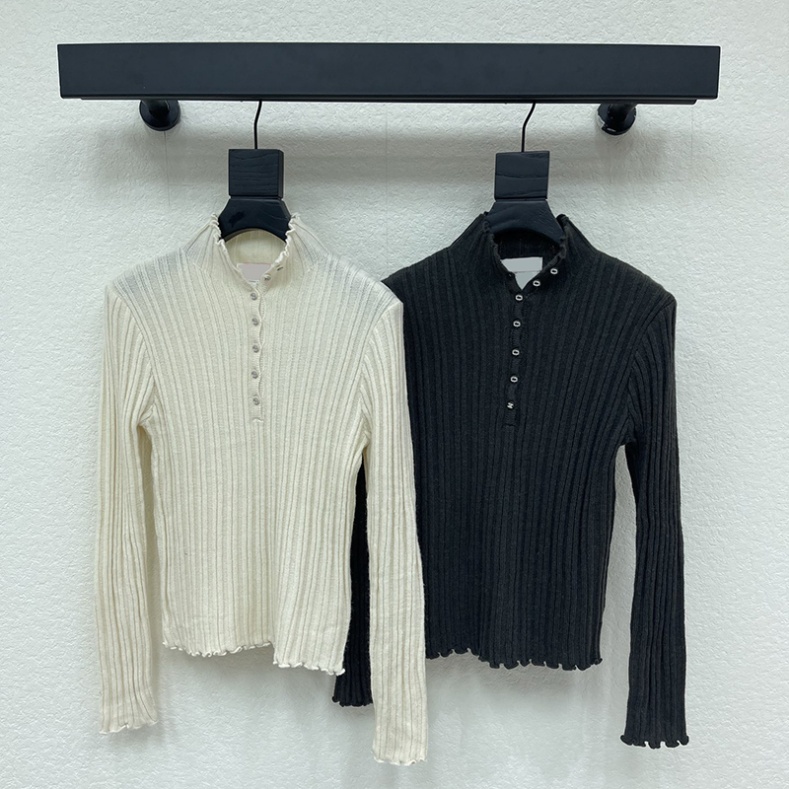 Designer Thin Bottoming Shirts Women Henley Neck Slim Fit Ruffle Elastic Knits Autumn Cropped Minimalist Versatile Tees