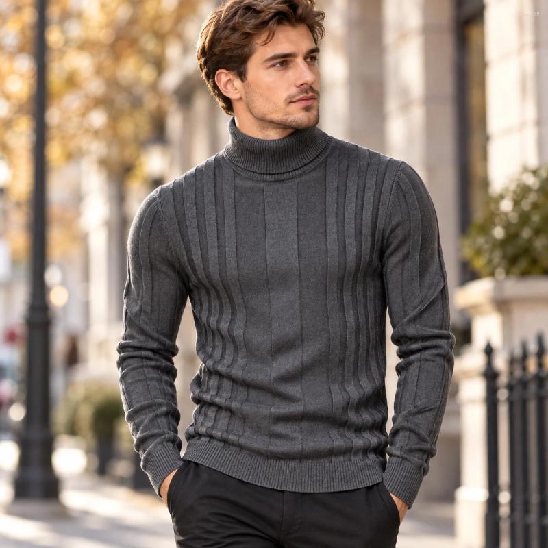 Casual Pullover Sweater Slim Fit Minimalist With Jacquard Pattern Turtleneck Long Sleeve Ribbed Texture For Men Spring Autumn
