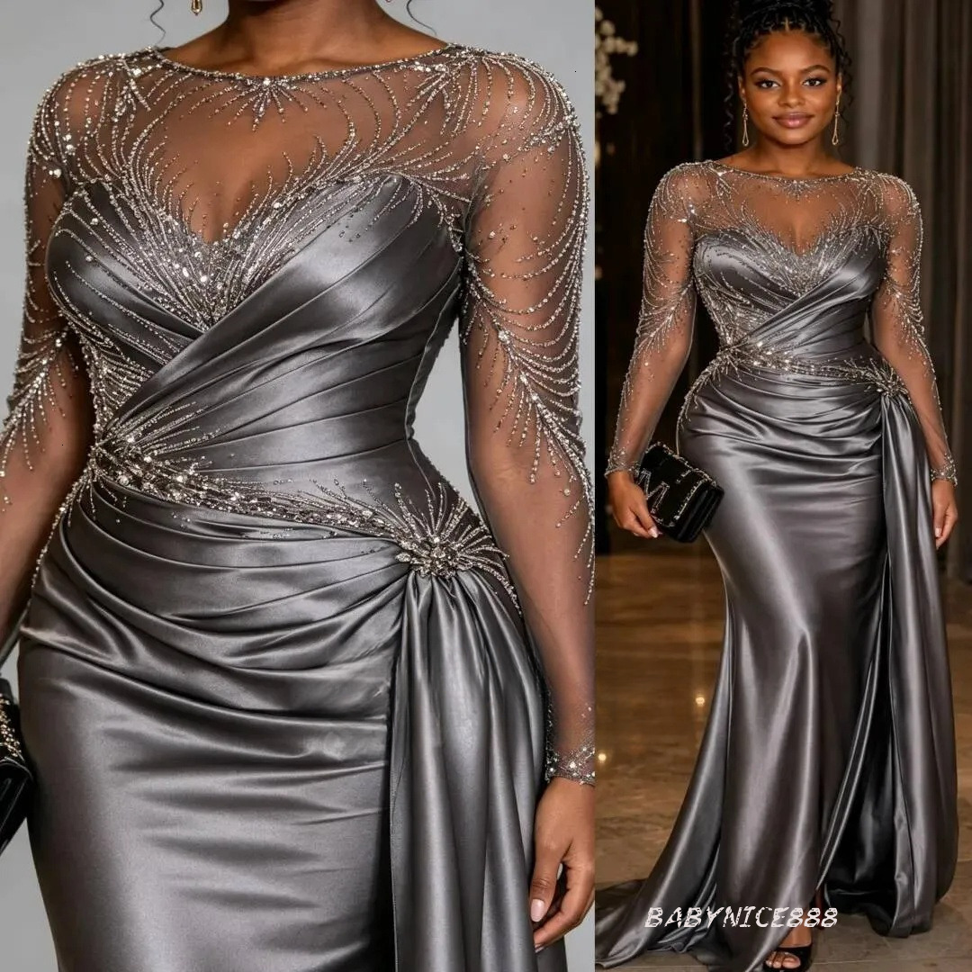 Grey Mermaid Evening Dresses Beaded Crystals Sheer Neck Satin Prom Formal Party Second Birthday Engagement Gowns Plus Size Dress For Special Occasio