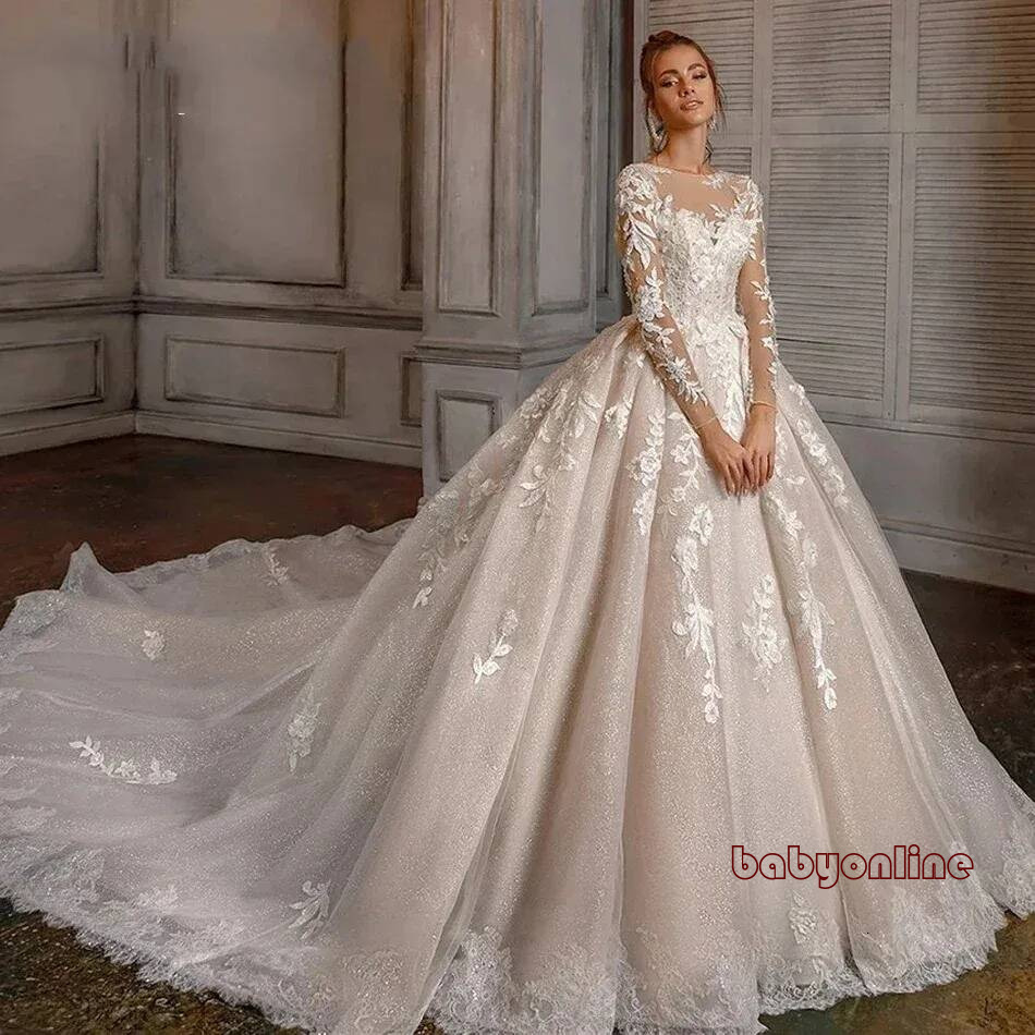 Gorgeous Wedding Dress Hot Women's Elegant Scoop Long Sleeve Lace Applique Sequins Church Bride Bridal Formal Grown Vestidos De Noiva