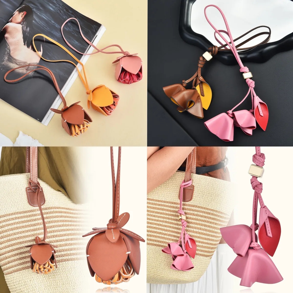 PU Leather Tulip Flower Bag Charm Floral Bud Pendant Designer Women Purse Tote Straw Bag Decor Keychain Car Rearview Mirror Hanging Ornament Gift