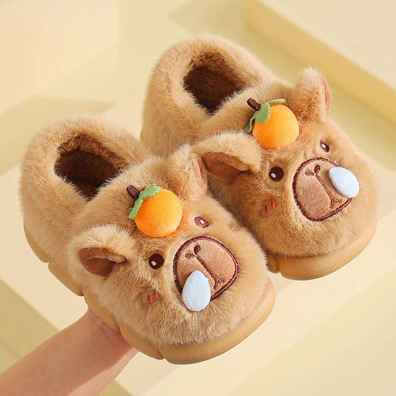 Cute Capibala Fluffy Fur Children Indoor 2025 Winter Soft Thick Bottom Non Slip Home Slippers Child Cartoon Plush Slide J261019