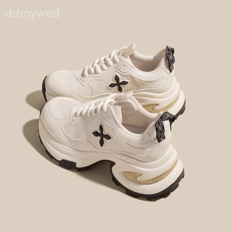 Women's Chunky Sneakers with Hidden Height Increase, Black Flower Detail, Breathable Mesh Platform Shoes for Casual Wear