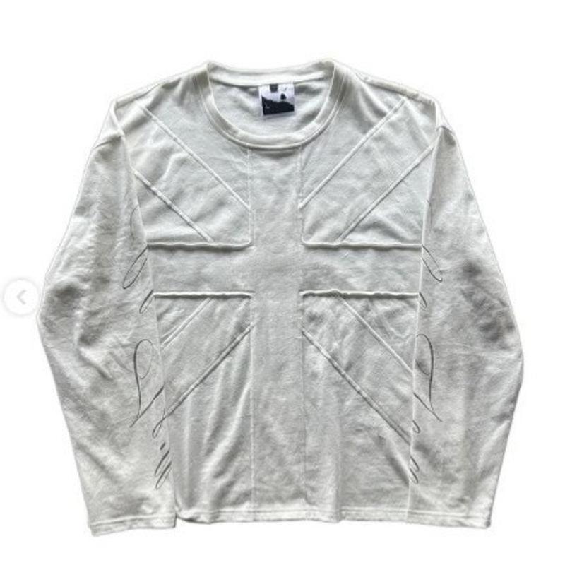 Designer Union Jack patchwork rétro déconstruit col rond ample très extensible décontracté style urbain T-shirt à manches longues pour hommes et