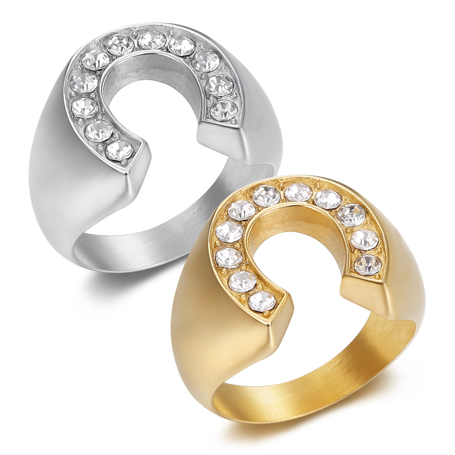 European and American New Hip-Hop Fashion Simple Titanium Steel Gold-Plated Inlaid Diamond U-Shaped Horseshoe Men's Ring