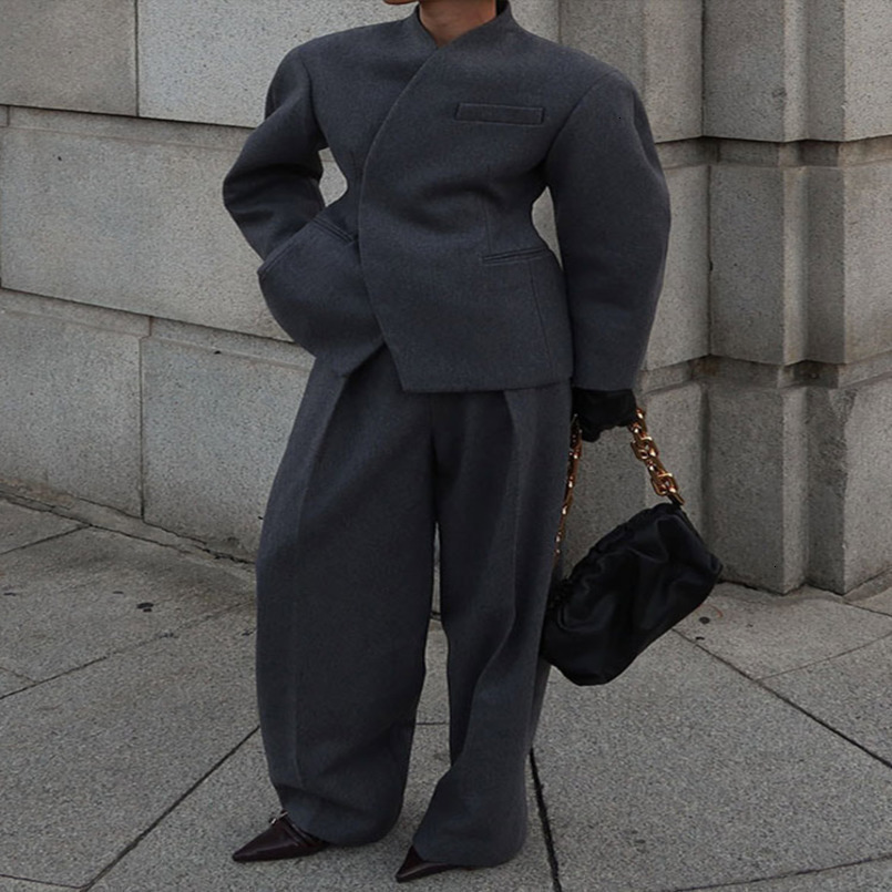 2026 Autumn Women Solid Woolen Matching Sets Stand Collar WaistCinched Jacket Straight Pants Office Commute TwoPiece Suit 261012