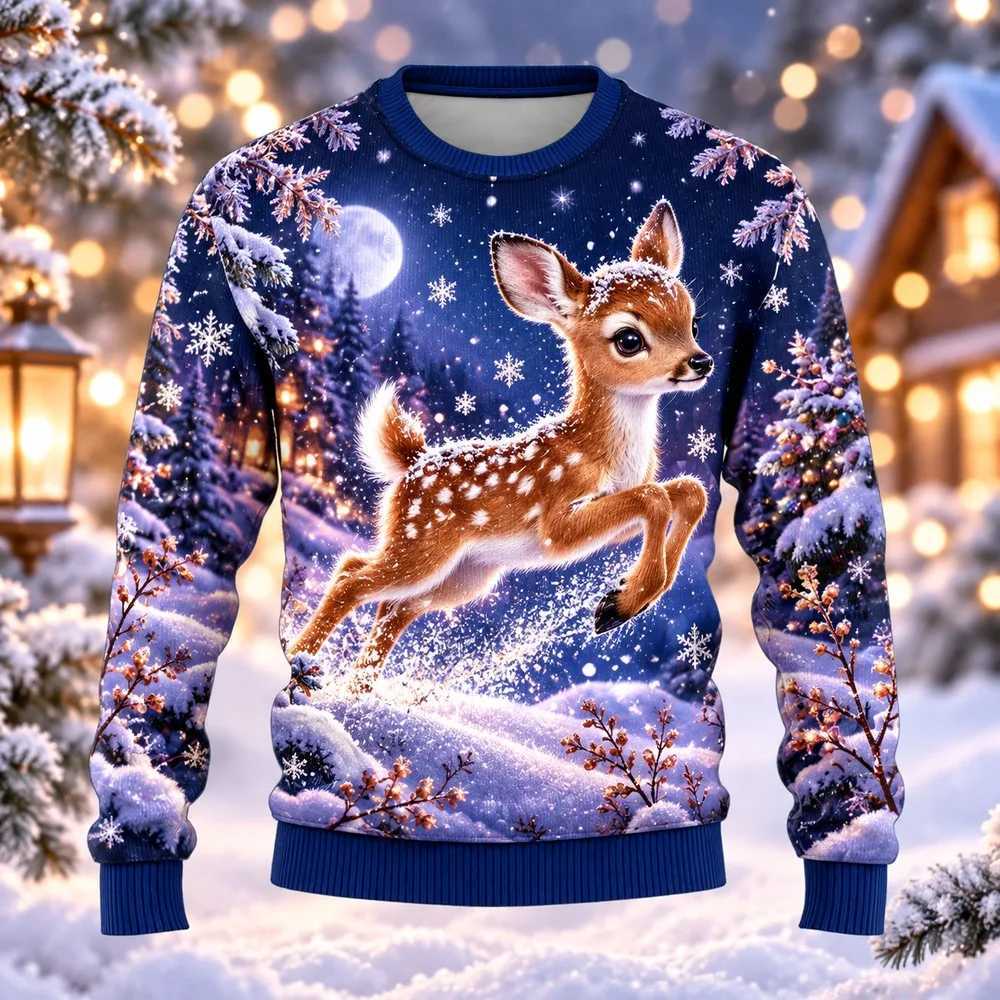 2026 Winter Fawn Ugly Christmas Sweater for Men Women Festive Holiday Party Crewneck Pullover Long Sleeve Funny Gift Sweaters T261019