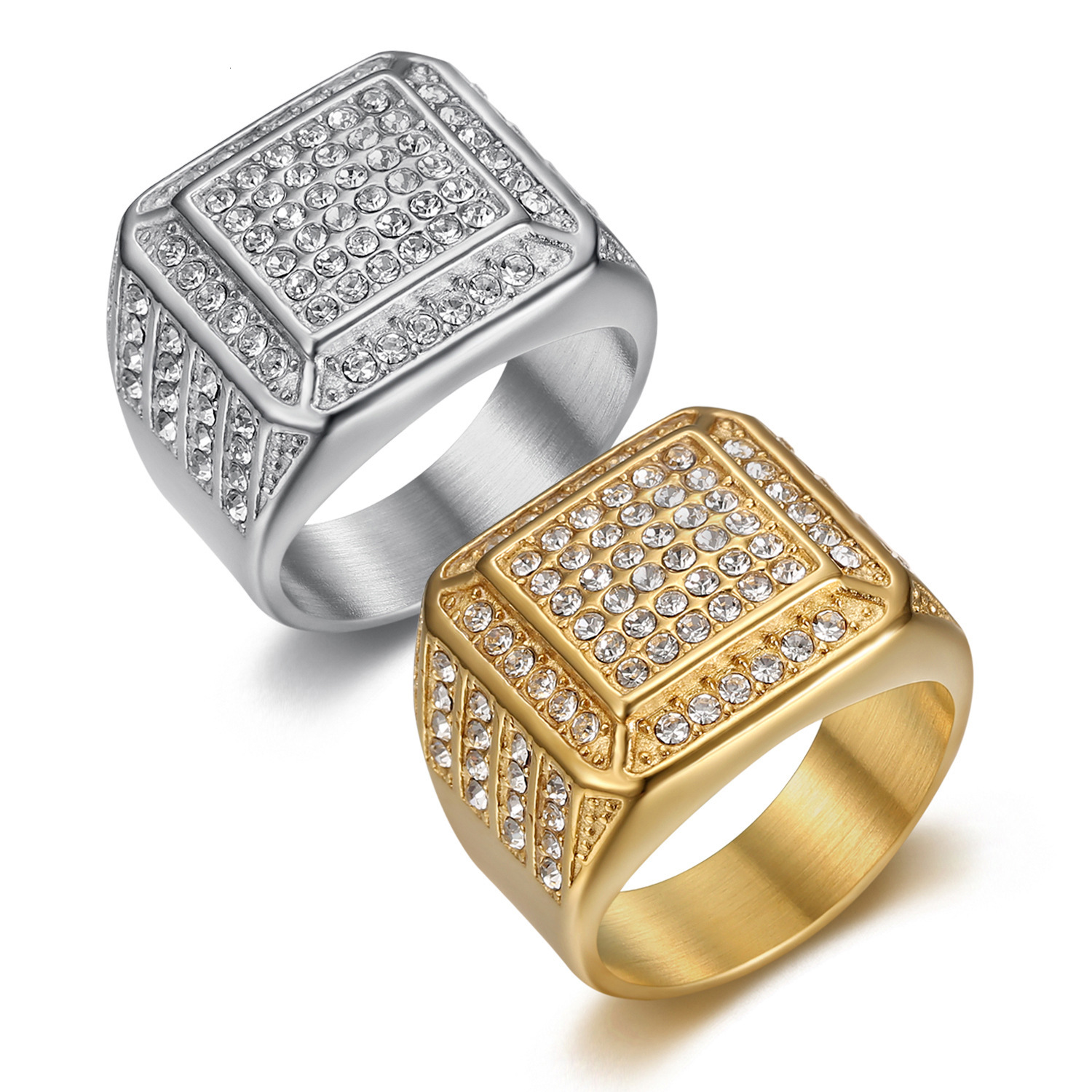 European and American New Hip-Hop Nightclub Titanium Steel Vacuum Gold Plated Luxury Full Diamond HIPHOP Men's Ring