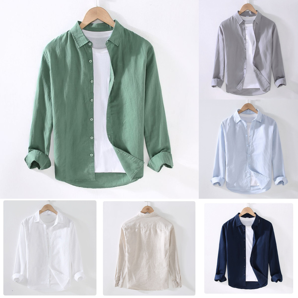 Spring and Autumn Turn-down Collar Long Sleeve Linen Shirt Men's Japanese Style Loose Fashion Casual White Shirt Cotton Linen Shirt Jacket