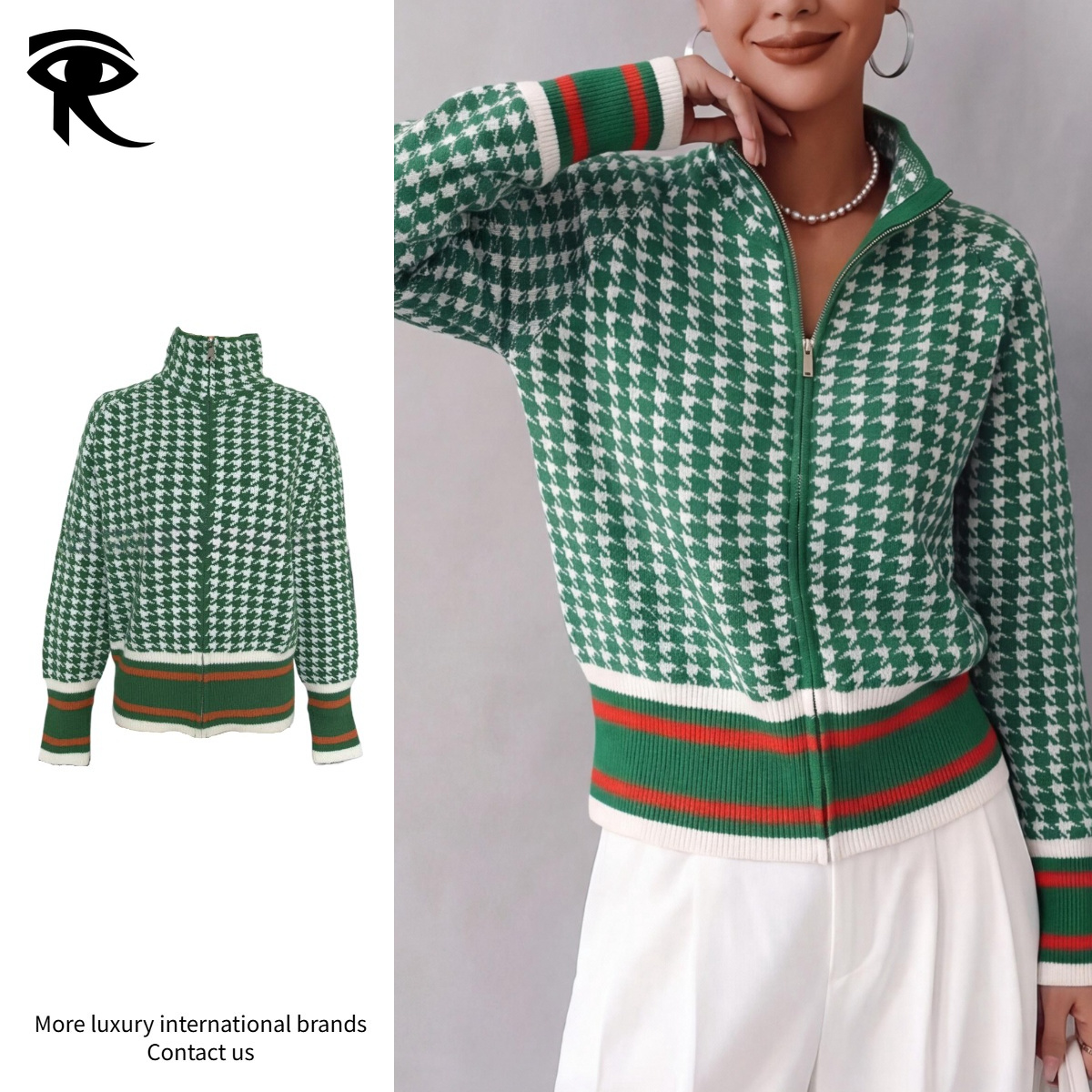 Women French Vintage Houndstooth Stand Collar Zip Up Cardigan Sweater Contrast Stripe Ribbed Hem Slim Knit Jacket Autumn Outerwear