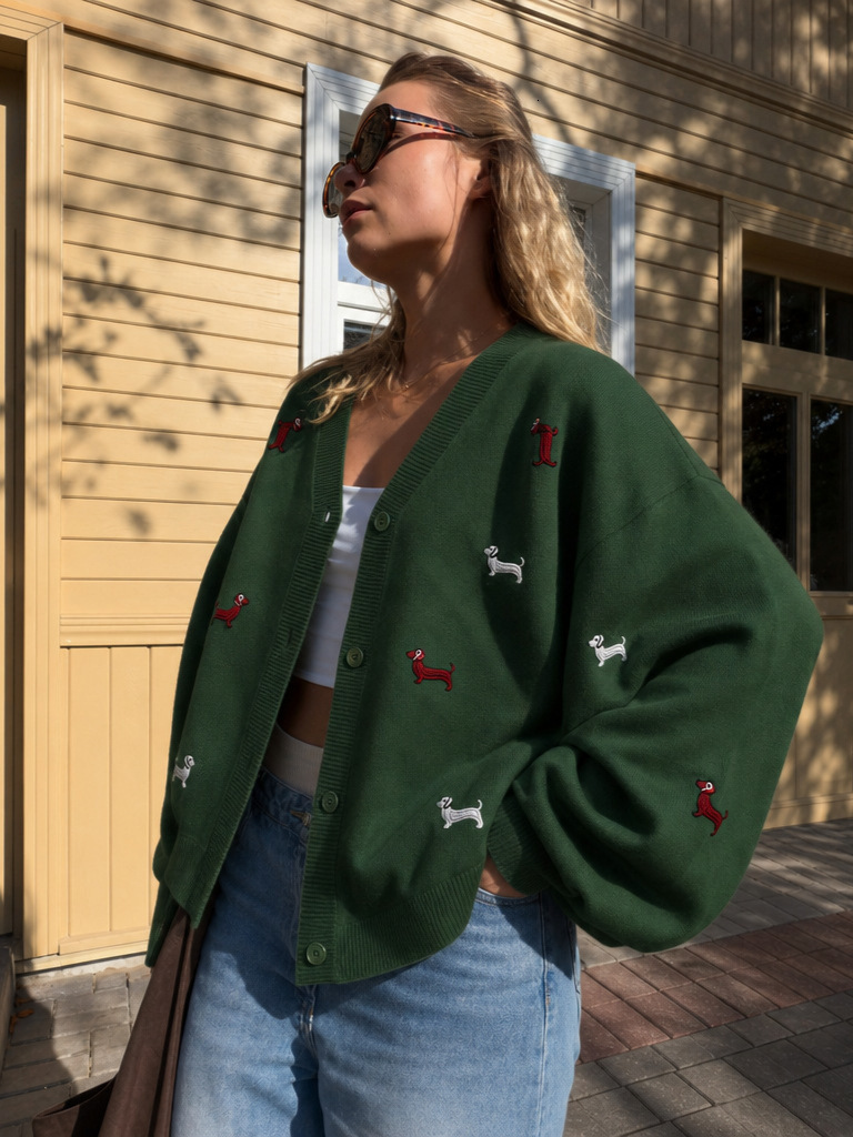 Early Autumn Dachshund Dog Embroidered Sweater Cardigan Loose Versatile V-Neck Long Sleeve Coat Lazy Style Fashion New Women's Clothing MAKOUFE