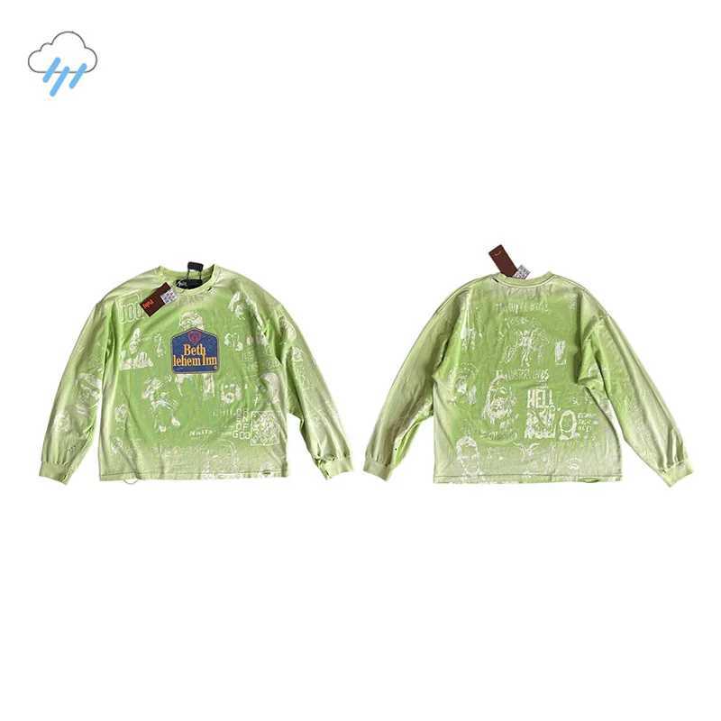 Hip Hop Vintage Washed Lime Green Damaged Hole T-Shirt Character Letters Graffiti Paly Long Sleeve T Shirt Oversized Tops Man T261019