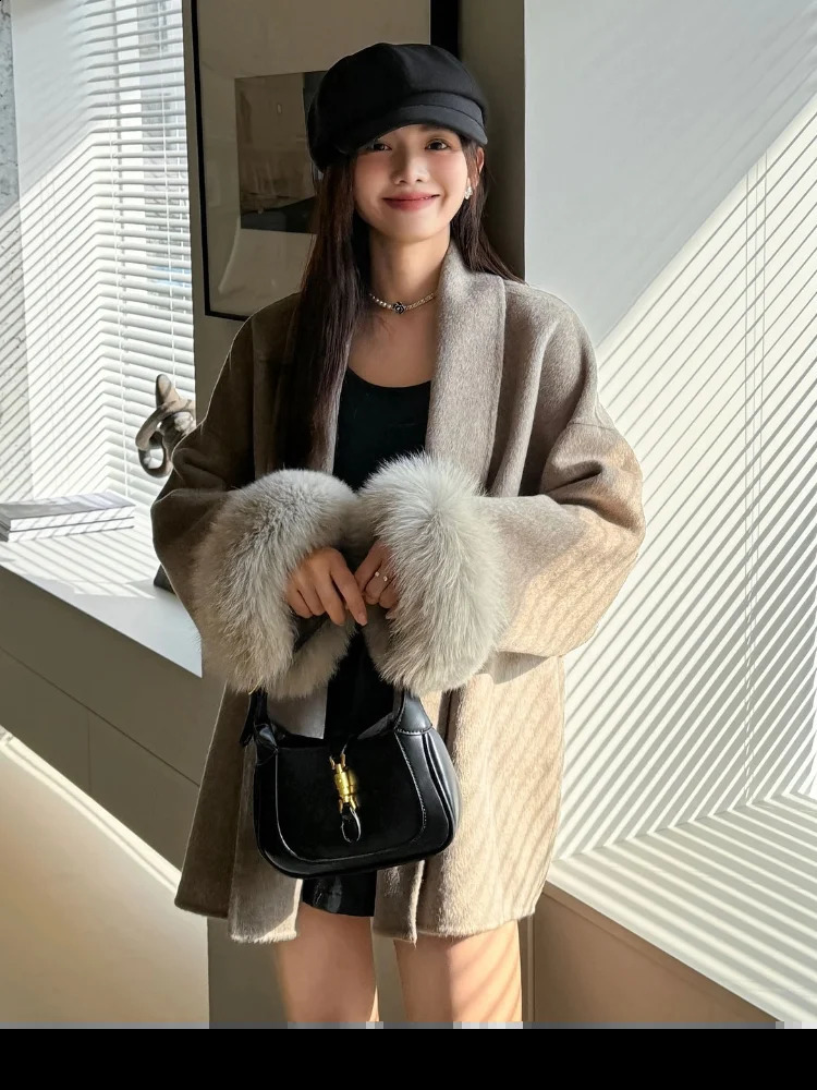 Blue Lace Up Plush Fur Sleeve Jacket Women Elegant Medium Length V-neck Woolen Coat Autumn Casual Fashion Commuter Outwear 261015