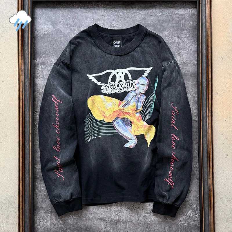26AW Men Women Unisex Robot Print Saint For Life Long Sleeve T Shirt Top Quality Cotton Vintage Washed Black Oversized T-Shirt T261019