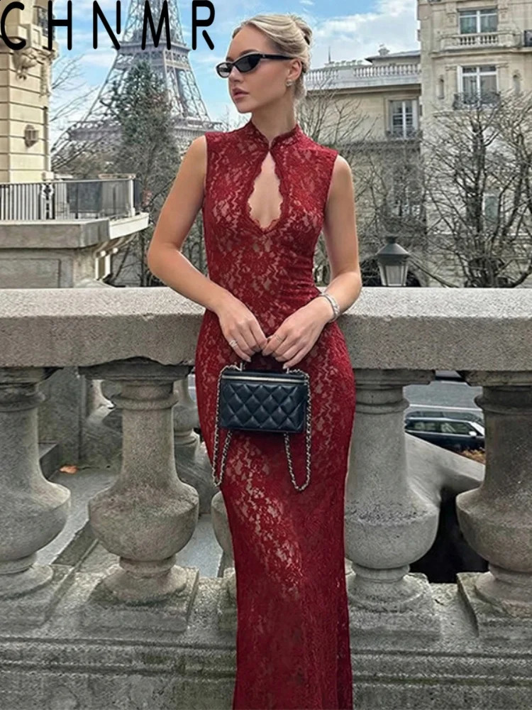 CHNMR Sexy Red Lace Cheongsam Dress Sleeveless Bodycon Maxi Gown Keyhole Neck Evening Prom Party Long Dresses Women Formal Wear 261014