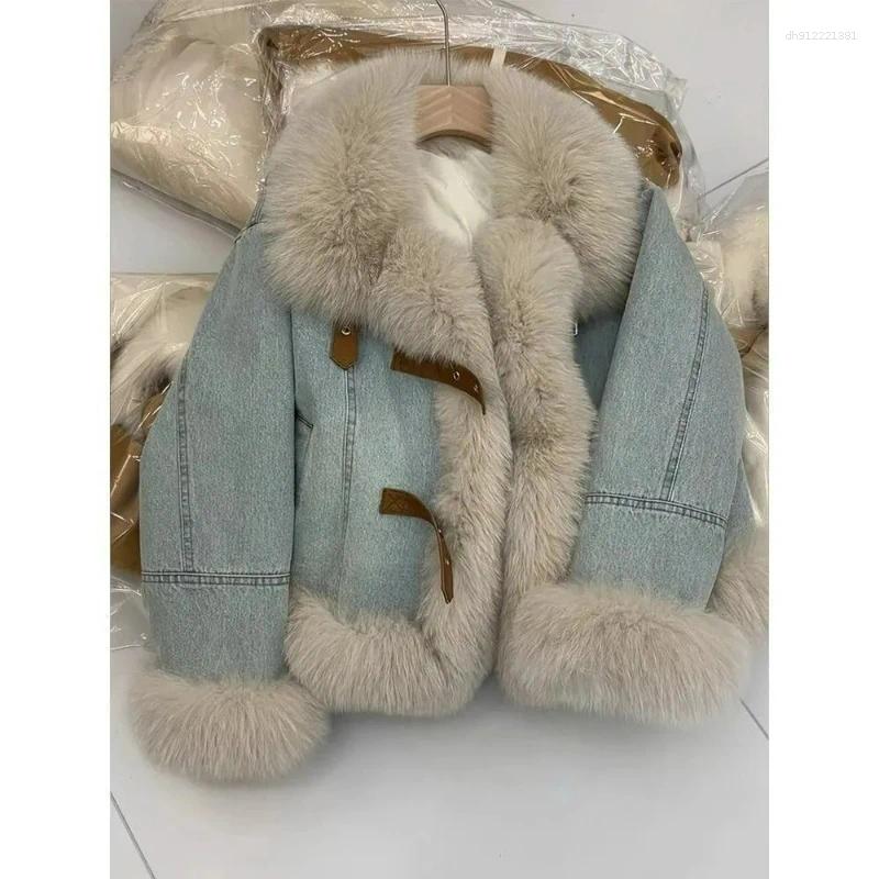 Women Thick Denim Jackets Turn Down Collar Warm Solid Coats Long Sleeve Spliced Button Pockets Cardigan Fur Autumn Winter