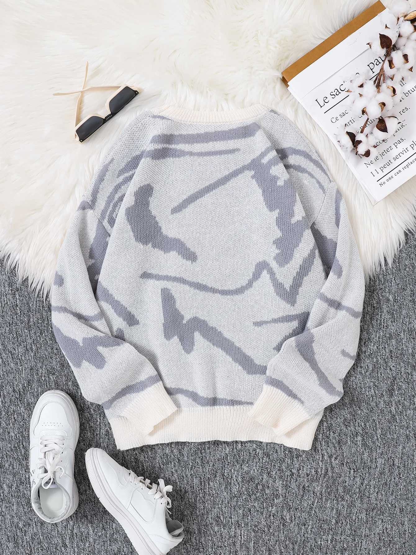 Popular Spring Autumn Graffiti New Jacquard Pattern Pullover Sweater Casual Round Neck Contrast Color Knitted Men's Pullover M261016