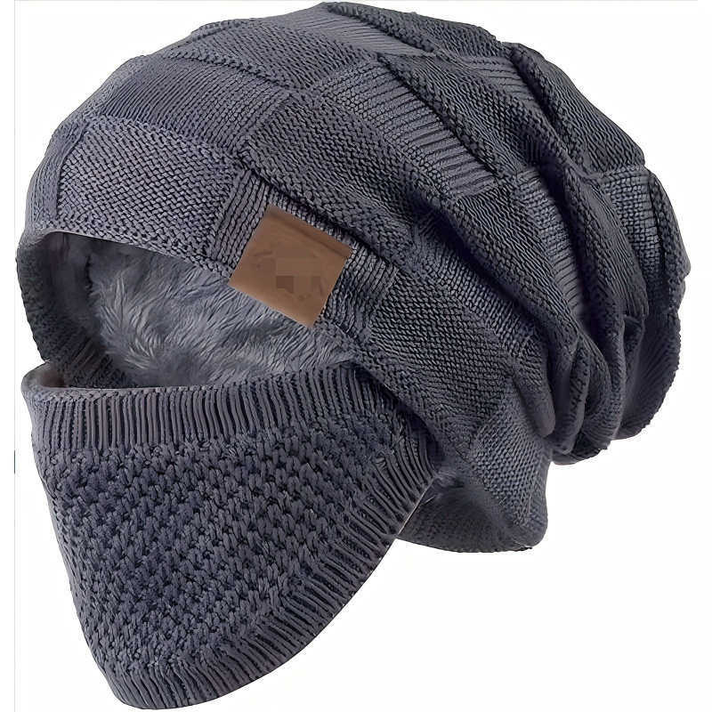 Trendy warm beanie, classic plaid design, fleece-lined knit hat