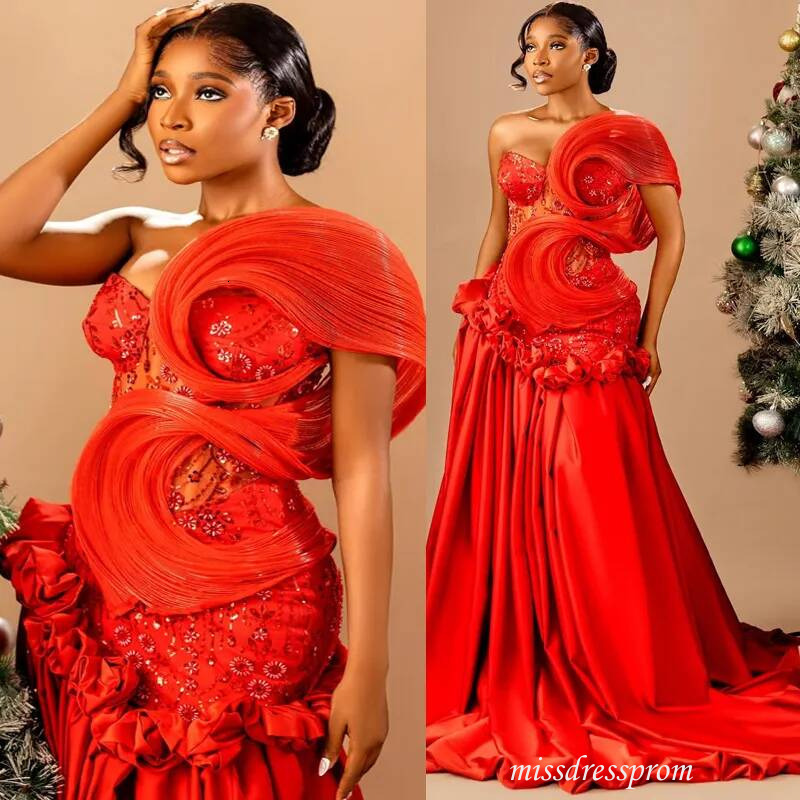 Mermaid Red Dress Evening Prom Dresses Illusion Flora One Shoulder Bead Lace Crystals Formal Gowns For Special Occasions Birthday Am3119