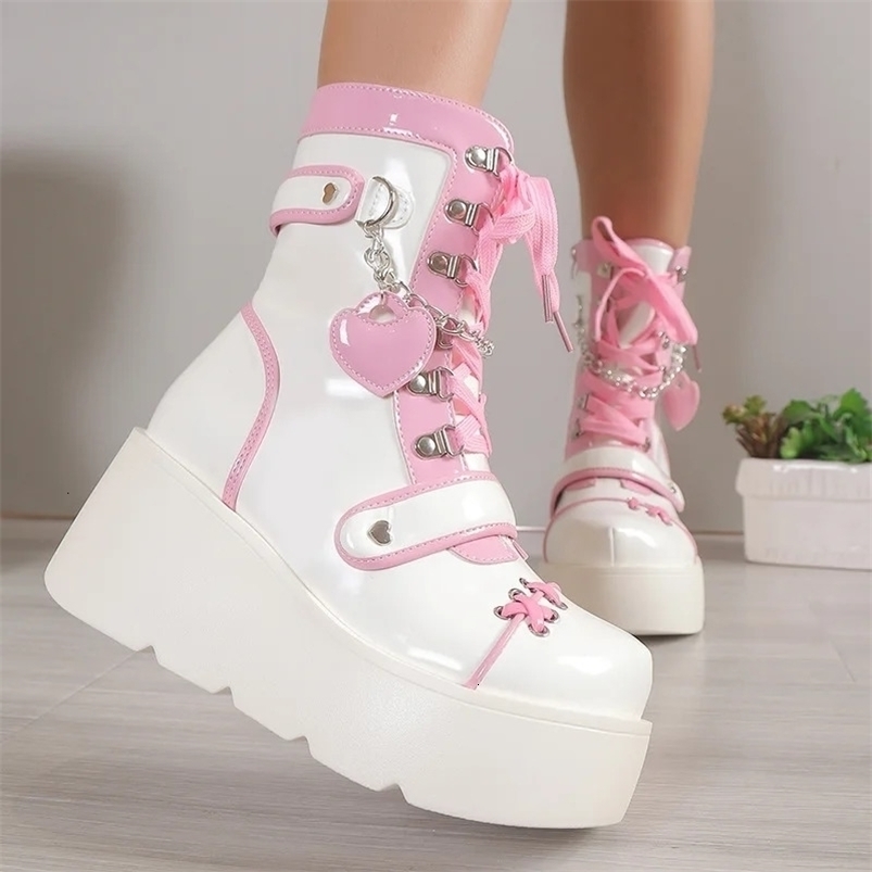 Gothic Platform Shoes Women's Boots Role Play Womens Mid-calf Lace Up Wedges Punk Style Botines Para Mujeres 261009