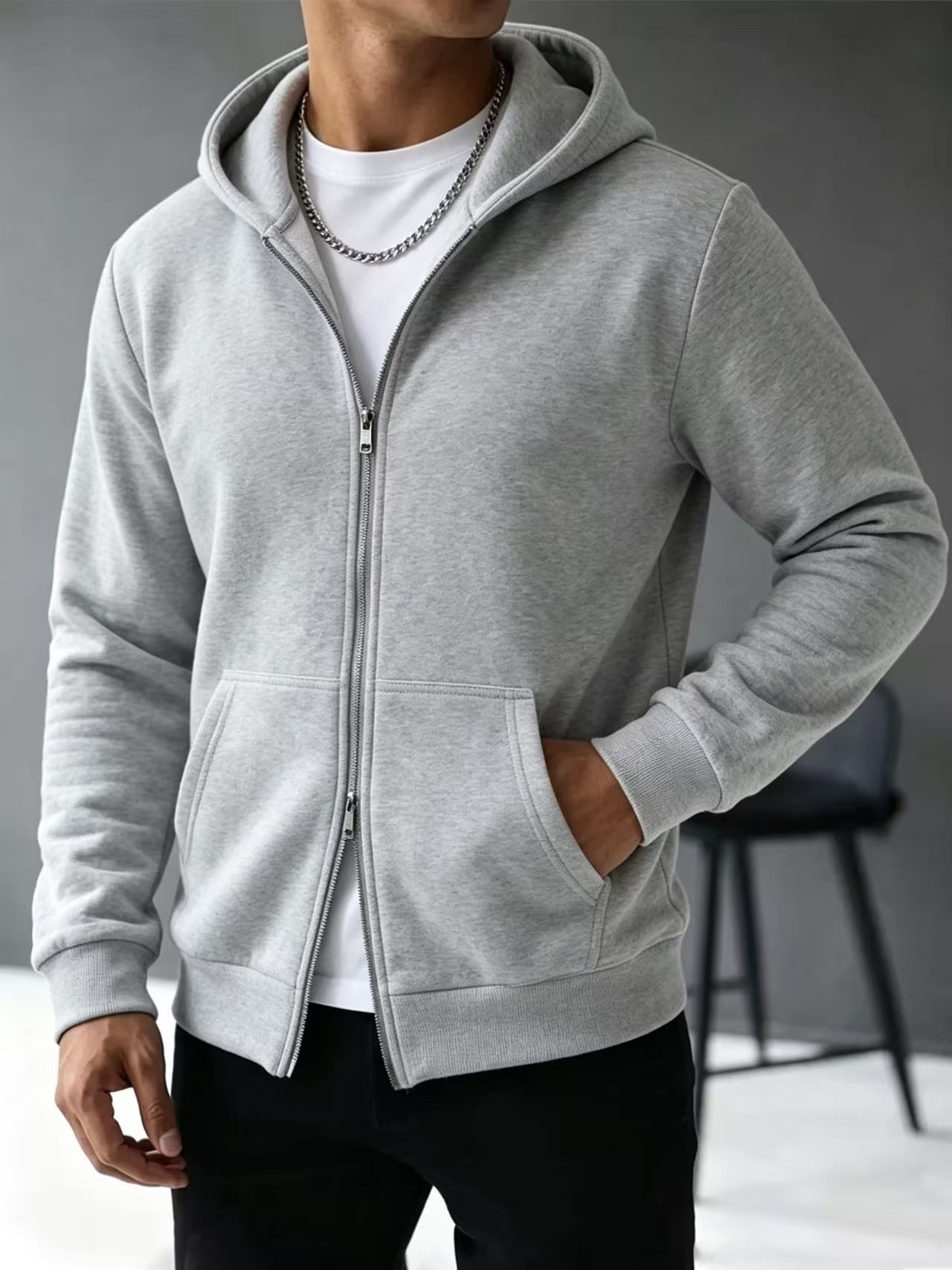 Men's double-zipper hooded sweatshirt, fleece-lined thickened for fall and winter, loose-fitting casual oversized sports hoodie