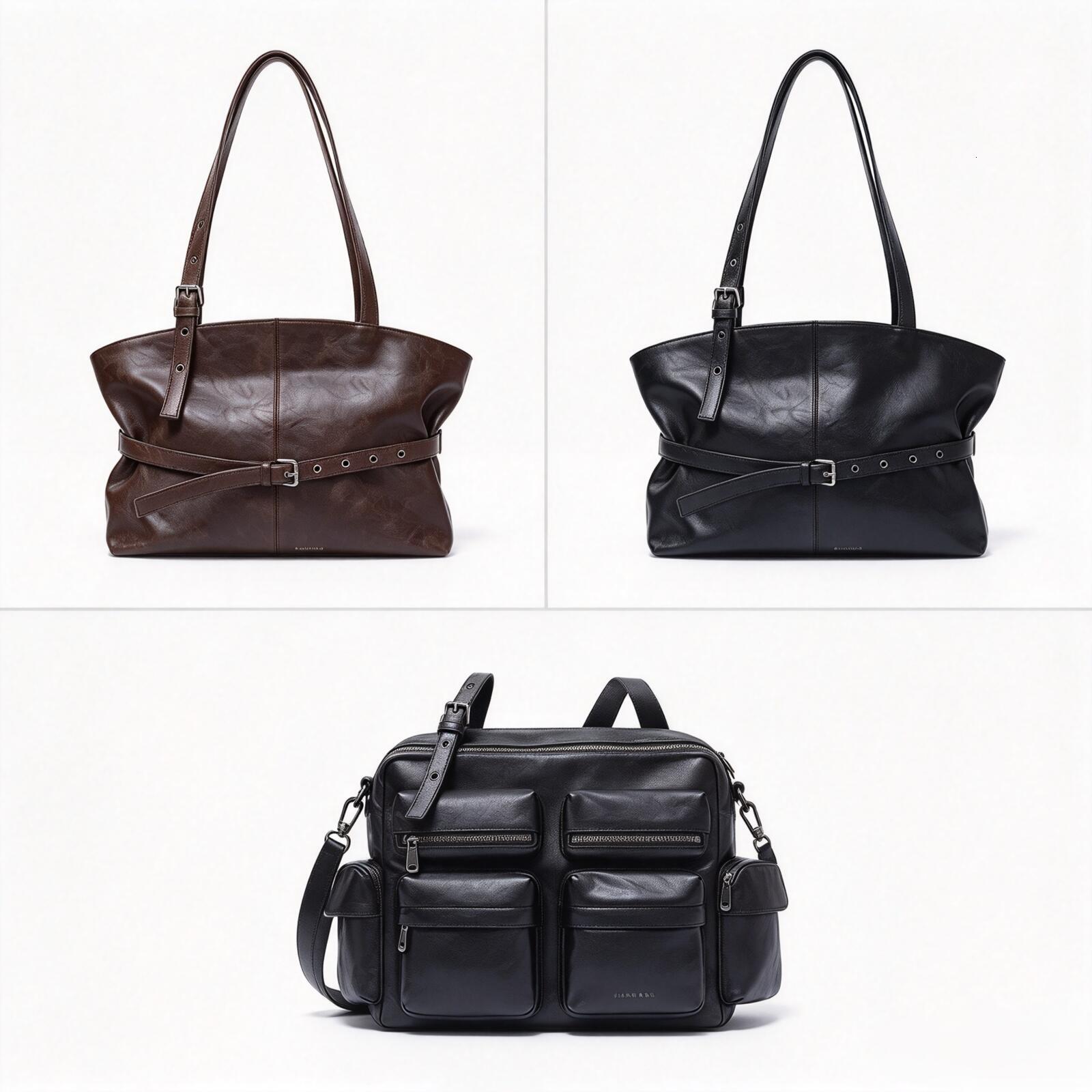 Samo Ondoh Koean Fashion Women's Undeam Motocycle Single Shoulde Multi Pocket Women's Black Soft Leathe Tote Bag Buckle Belt Design Lage C
