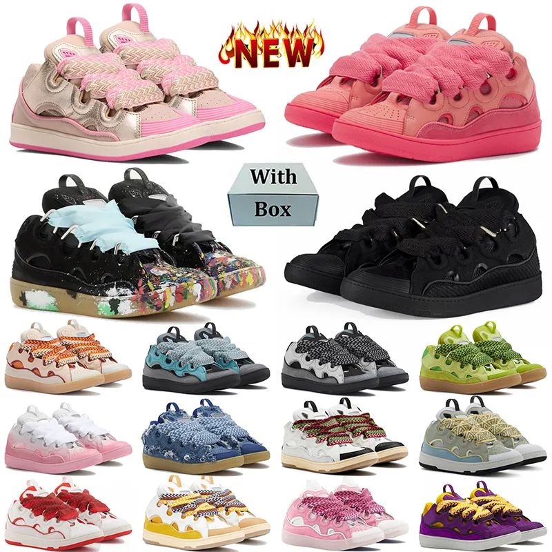 Fashion Designer Leather Curb Sneakers Casual bread shoes Mens Womens Denim Blue Pink White Ivory Calfskin Leopard Platform Rubber Sole Trainers