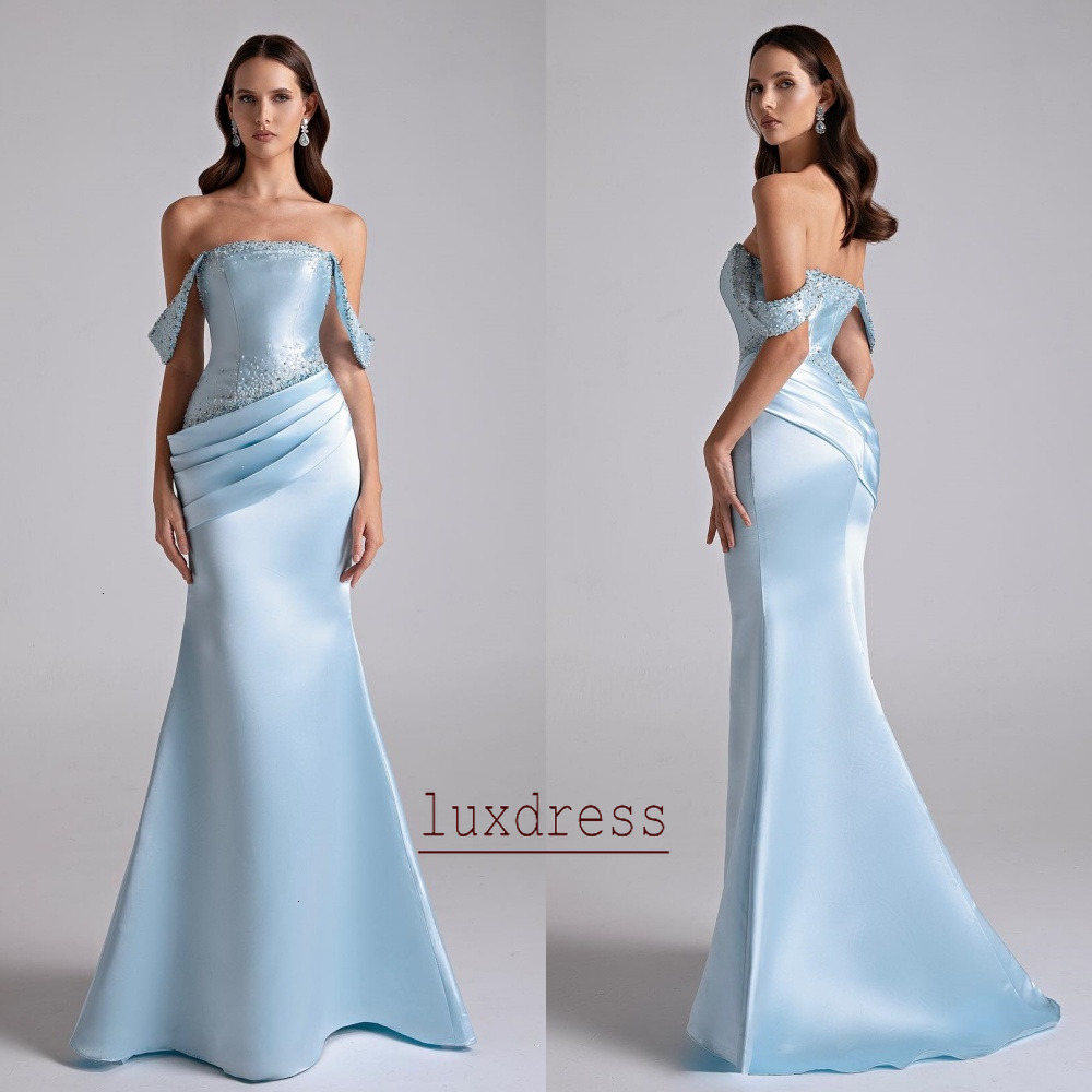 Elegant Light Blue Mermaid Evening Dresses Sequined Off-the-shoulder Long Prom Dress Women Formal Occasion Gowns