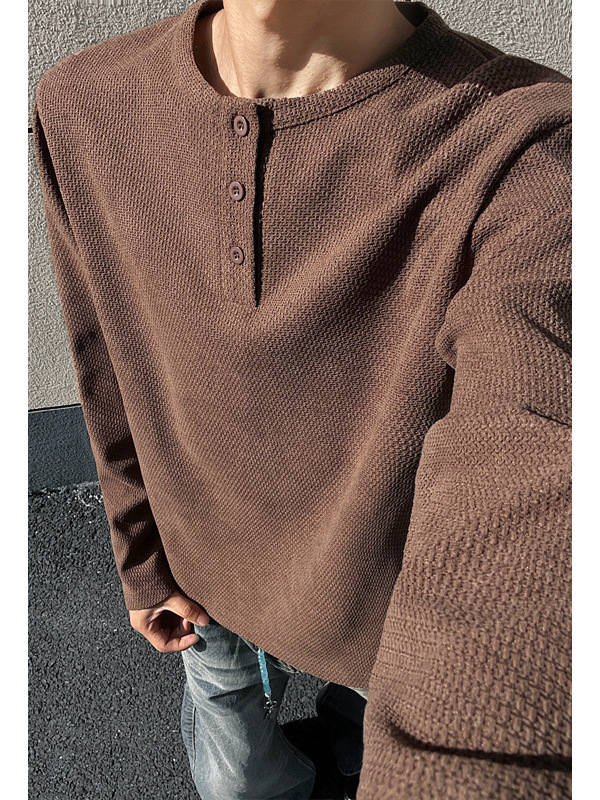 American-style high-street cleanfit Henley collar T-shirt, men's loose-fit casual long-sleeve top for spring and autumn, trendy inner layer