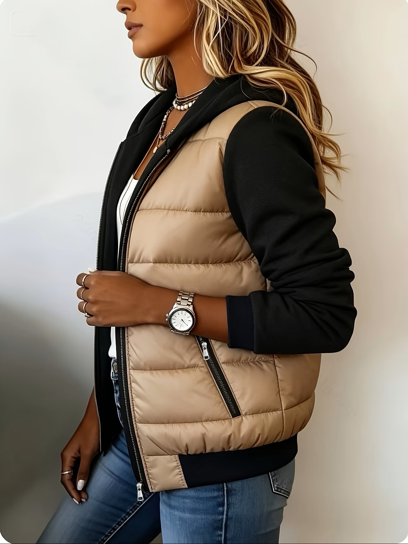 Cross-border European American style two-piece design with contrasting colors, a casual versatile hooded jacket, perfect for autumn winter, thin and