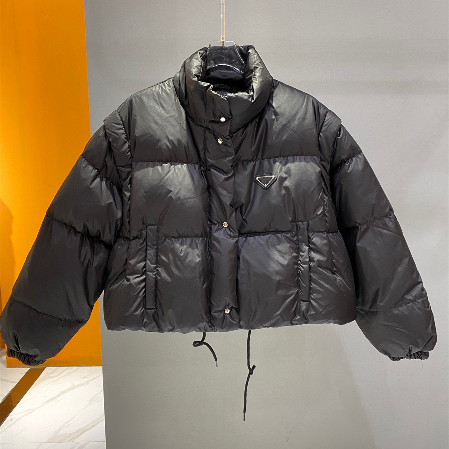 Down Vest Women Convertible Cropped Puffer Jacket Detachable Sleeves Recycled Nylon Shell Quilted Stand Collar Drawstring Hem Fall Winter