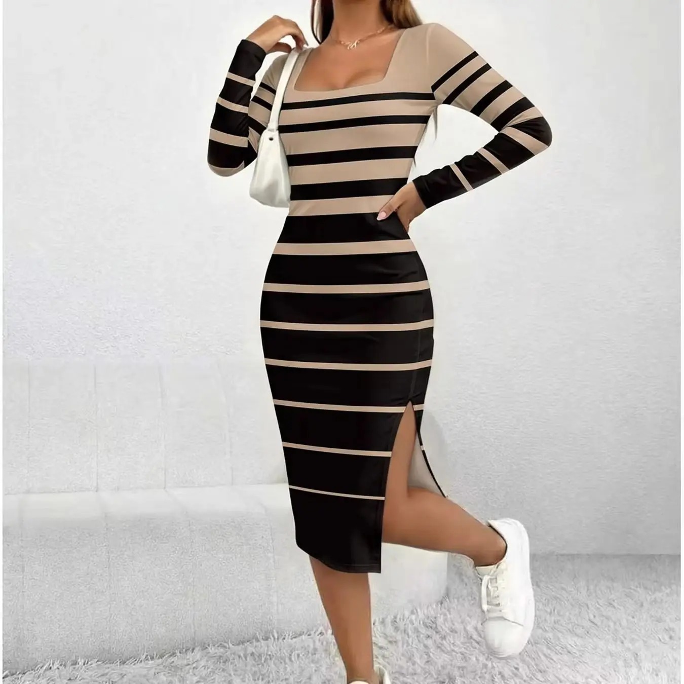 Women's Casual Maxi Dress Striped Color-Block Square Neck Long Sleeve Waist Cinched Skirt with Slit Comfortable Long Skirt