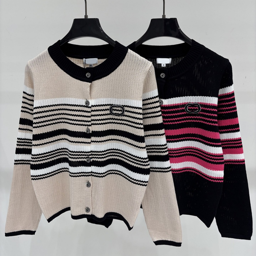 Designer Women Striped Knit Cardigan Luxury Retro Contrast Color Sweater Coats Autumn Winter Festival Vacation Sweater Cardigan