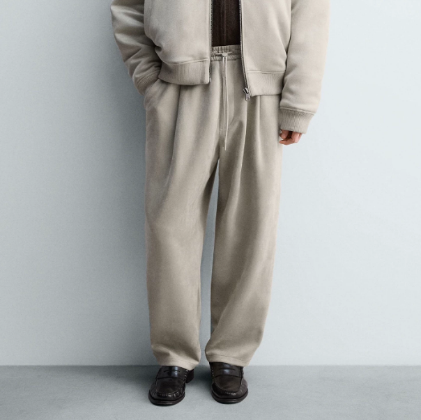 Designer Faux Suede Casual Pants Loose Straight Leg Elastic Waist Solid Color Spring Basic Everyday Trousers