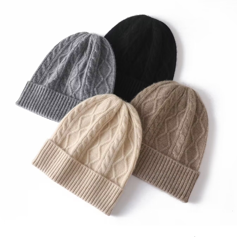 100% Pure Cashmere Women's Winter Hat 2023 Warm Wool Soft Beanie Bonnet Y2K Rhombus Luxury Beanies For Lady Knitted Skullies Cap J260511