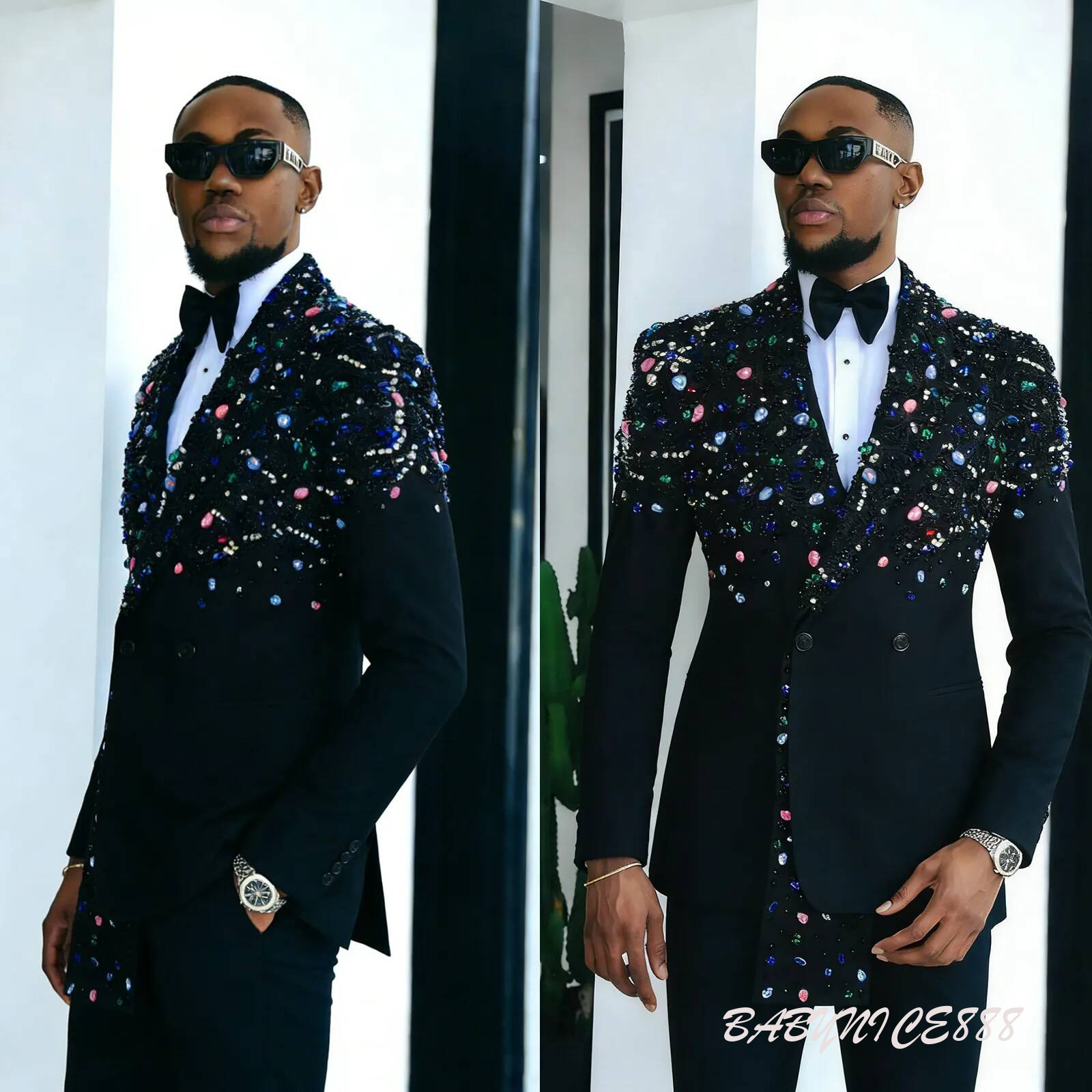 New Exquisite Colorful Beadings Groom Suits 2 Pieces Men Wedding Tuxedos Formal Evening Party Outfit Male Clothing