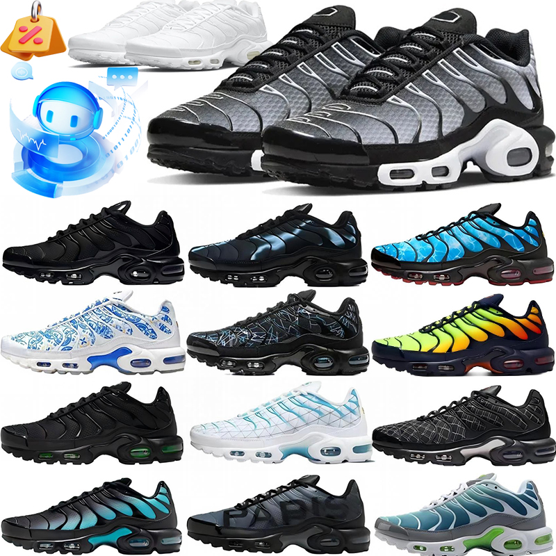 Designer Plus size Running shoes Men tn White Cushion Sneakers Wave Texture Retro Breathable Mesh Lining Casual Street Footwear for All Season Daily