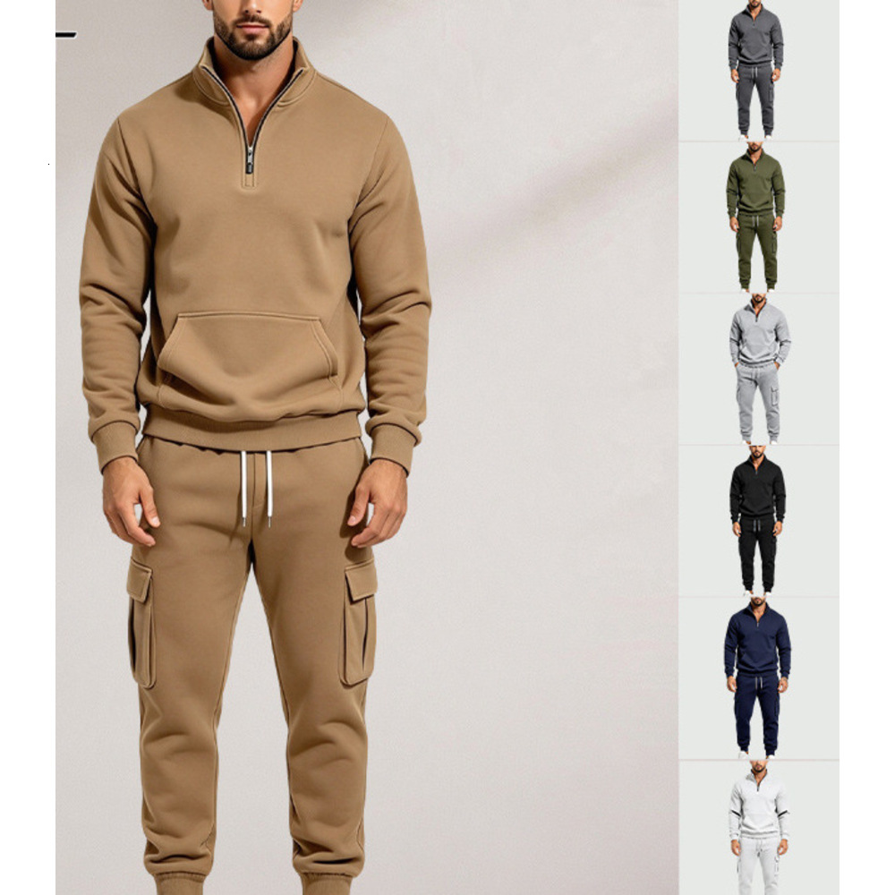 Men Stand Collar Fleece Lined Two Piece Outfit 2026 Autumn Winter Heavyweight Loose Multi Pocket Athletic Sweatshirt Casual Set For Daily Wear