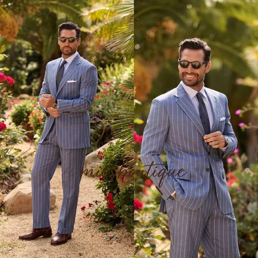 Men Wedding Tuxedos Stripe Notched Lapel Button Groomsmen Suits Two Pieces Sets Custom Made Formal Business Wearing Q017