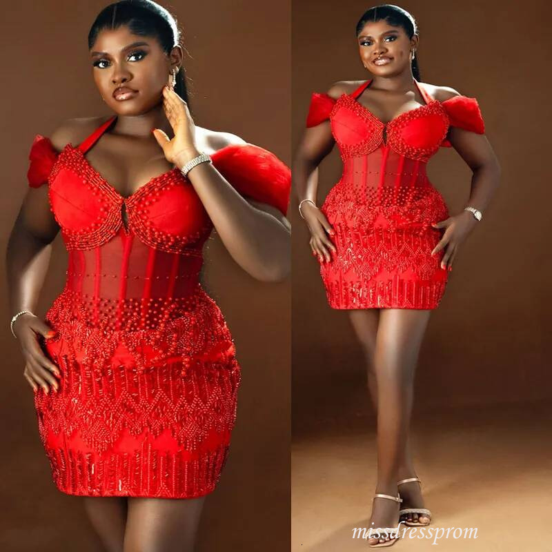 Aso Ebi Red Cocktail For Women Illusion Halter Gown Rhinestones Pearls Pleated Beaded Lace Birthday Dress Short Prom Dresses C534