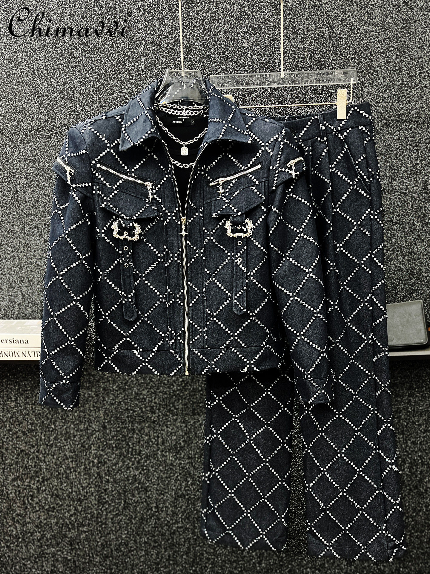 Korean Style Trendy Vintage Men's Outerwear Sets Plaid Beads Loose Casual Short Denim Jacket Straight Pants Two-Piece Set Male Mdng261019