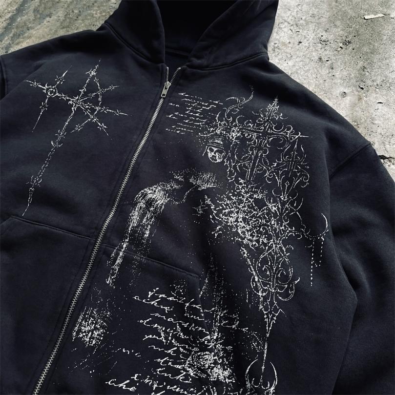 Y2K Fashion Harajuku Gothic Zip Up Hoodie Men Women Minimalist Graffiti Print Oversized Unisex Fit Sweatshirt Streetwear 261019